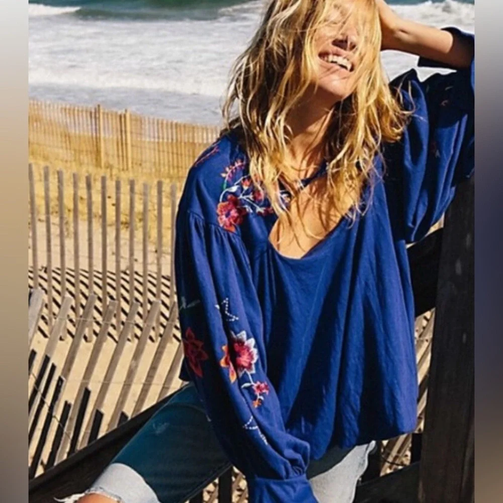 Free People Lita Embroidered Top Blue - Large - Picture 2 of 11